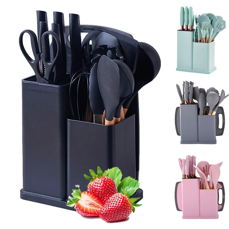 Full Game Kit Utensils C/19 Pieces Kitchen With Tablet Silicone Spatula Knife Scissors
