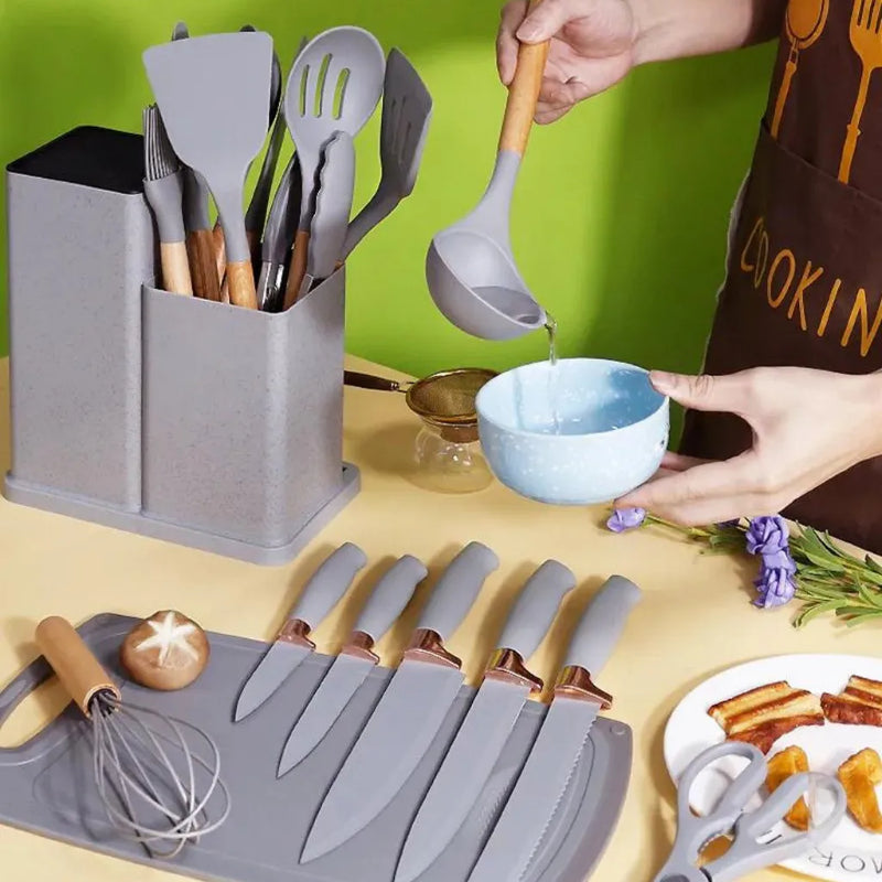 Full Game Kit Utensils C/19 Pieces Kitchen With Tablet Silicone Spatula Knife Scissors